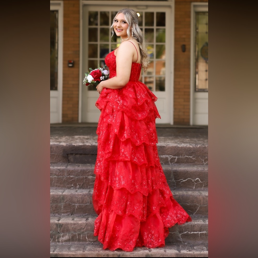 Jovani Red Sequin Ruffle Prom Dress Size 10 - Picture 4 of 6